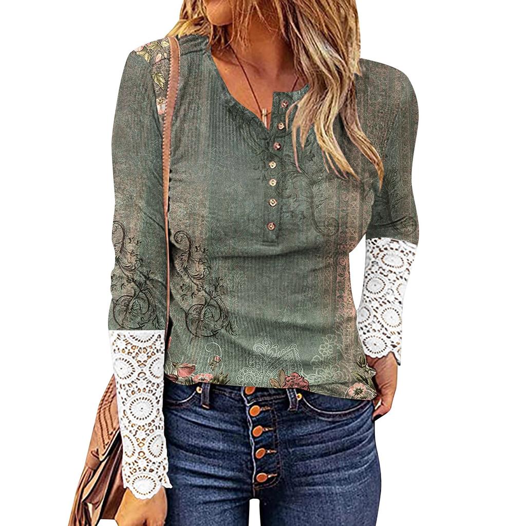 Women's Round Neckline With Buttons Slim Soild Printed Stitching Lace Long Sleeve Top