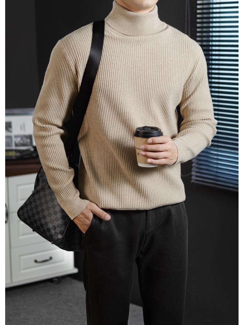 Men s High Neck Merino Wool Modal Stripe Sweater - Warm, Soft, Machine Washable Autumn/Winter Business Base Layer Knitwear XL