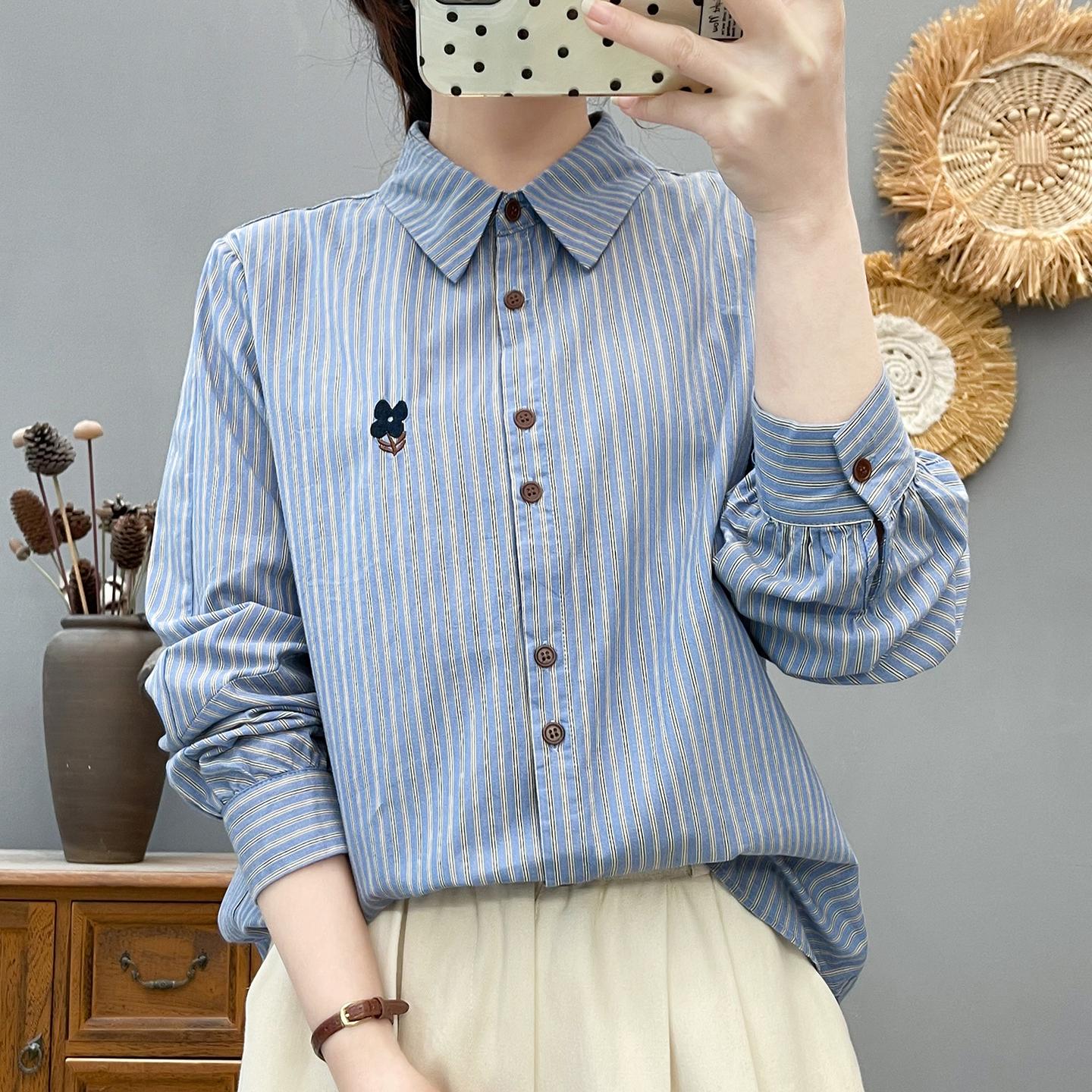 

Women s Japanese Style Vertical Stripe Long Sleeve Shirt with Chic Floral Embroidery - High Quality Cotton Base Layer M (Recommended for 100-125 jin)