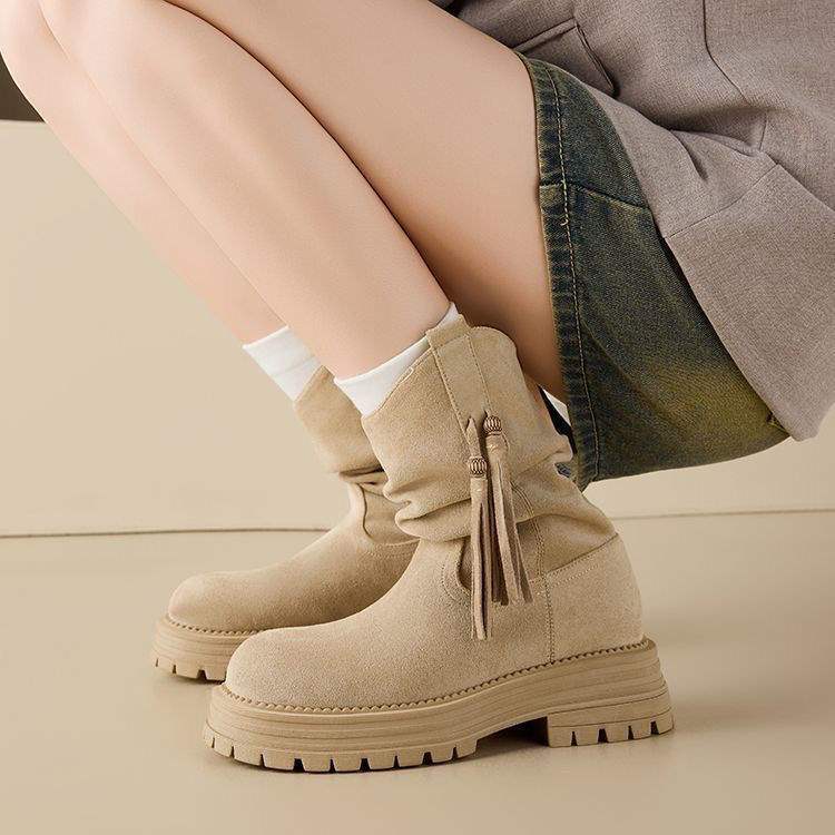 Kurze Stiefel Plateau-Stiefel Herbst/Winter 2025 Neu Ladmartin Vintage Western Midtube Stiefel mit Plüschfutter