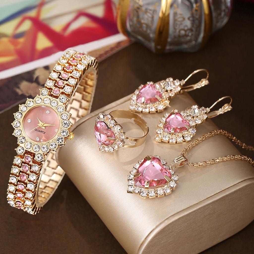 Golden Luxury Watch Women Ring Necklace Earring Rhinestone Fashion Wristwatch Casual Ladies Bracelet Watches Jewelry Set