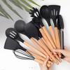 Multi-Color Silicone Wooden Handle Kitchenware Set Non Stick Pot Spatula And Spoon Cooking Utensils, Heat-Resistant