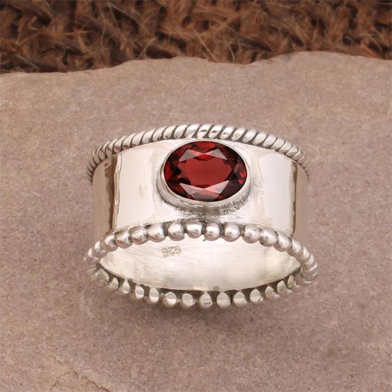 Anillo de Piedra Preciosa Granate Plata de Ley 925 Maciza Anillo Boho Anillo Giratorio Joyería Hecha a Mano Anillo Para Mujer Anillo de Fiesta