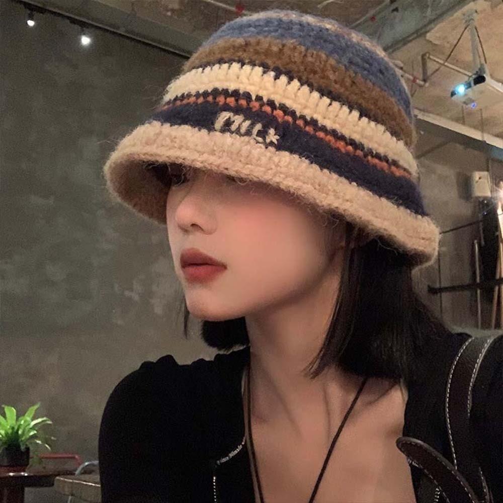 Anti-cold Knitted Bucket Hat Warm Woven Basin Cap Seaside Beach Cap Striped Fisherman Hat  Vacation
