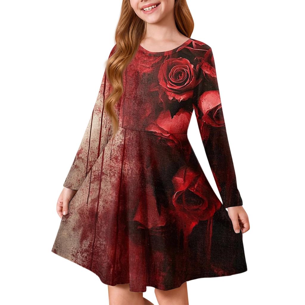 Girls' Summer Princess Dress Halloween Day- Long Sleeve A-Line T-Shirt Dress