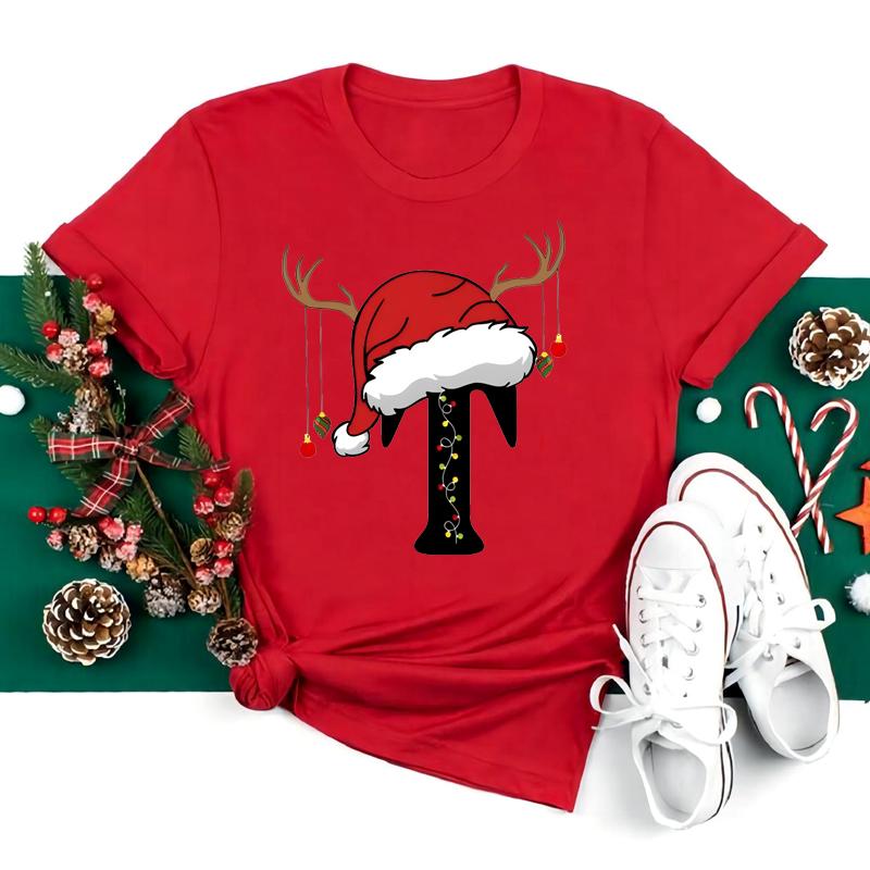 New 26 AZ Christmas Alphabet T Shirt Women Casual Fashion Tshirt Short Sleeve Christmas Party Aesthetics fashion Clothing