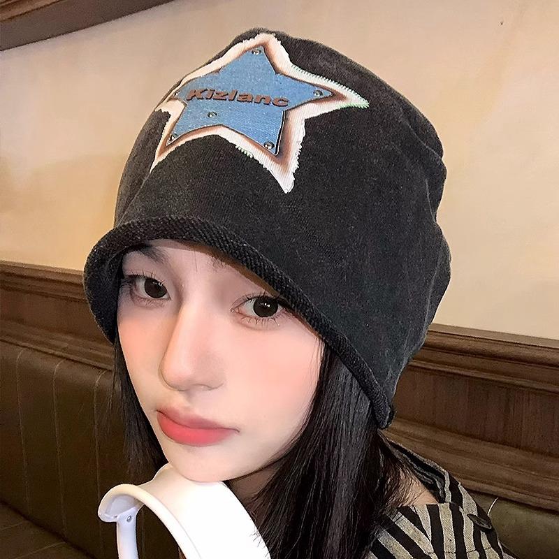 Old Spice Girl Niet Pentagramm Hut Stern Stickerei Patch Pile Hat Maillard Weibliches Gesicht Kleine Kalte Mütze Yabi