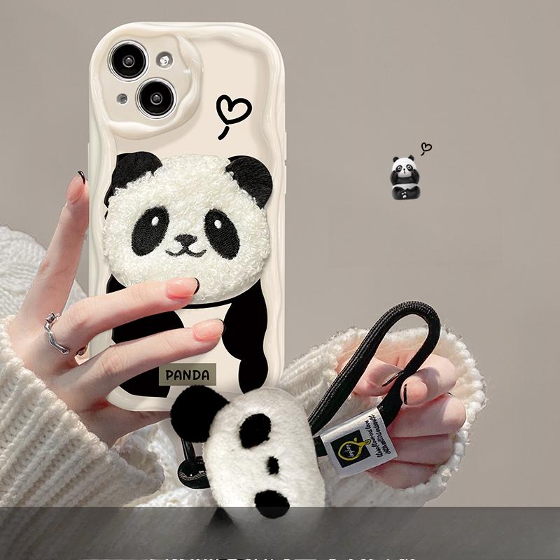 Applicable To Apple 15promax Mobile Phone Case IPhone 14/13 Cartoon Plush Panda Lanyard 11/12 Silicone Xs