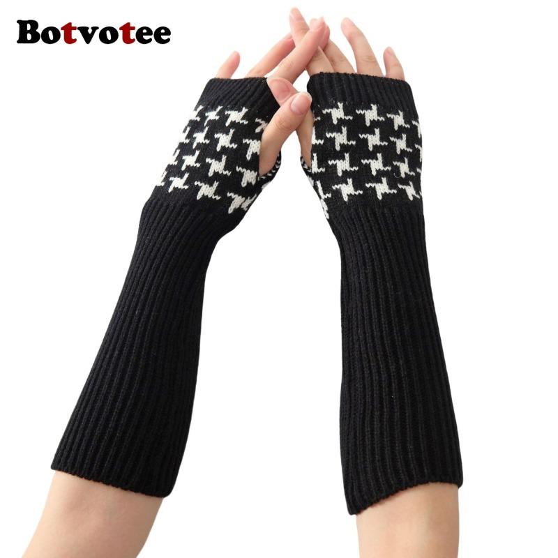 Botvotee Sleeves for Women Y2k Accessories Fingerless Gloves Arm Warmers Knit Winter Warm Houndstooth Long Hands Free Gloves