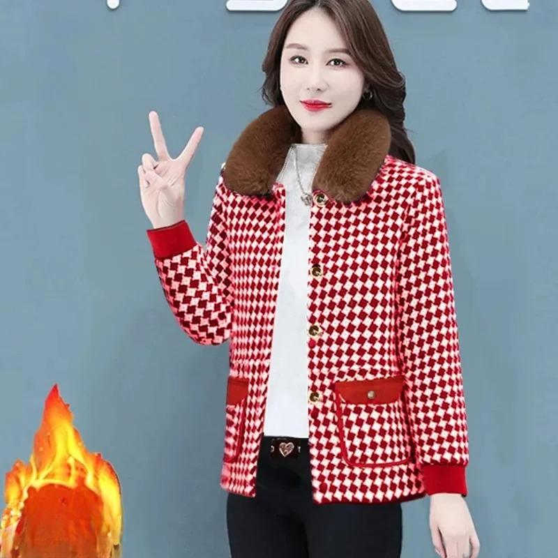 Warm Coat Women Autumn Winter New Plaid Jacket Mother Add Velvet Outwear High-End Fashion Fur Collar Detachable Overcoat Ladies