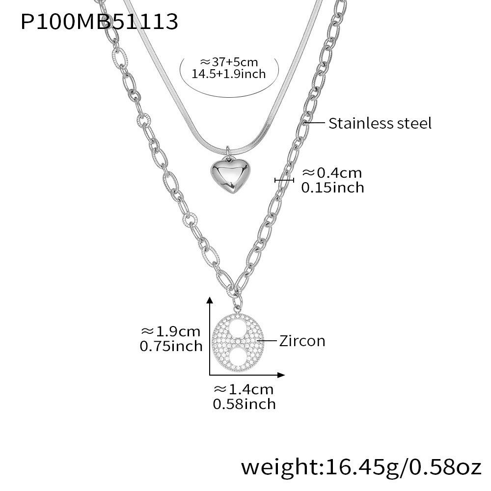 Qiong Yao 18k Gold Plated Stainless Steel Heart  Pig Nose Necklace with Zircon Layers - Versatile European  American Fashion