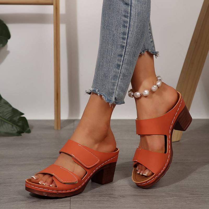 Mode Bequeme High Heels Pantoletten Damen 2025 Sommer Orange Klettverschluss Patch Dekoration Schuhe Damen Weiche Gummi Laufschuhe Frau