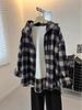 2025 Autumn/Winter Women's Navy Plaid Hooded Brushed Long Sleeve Jacket