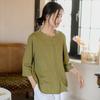 Johnature Women Knitted T-Shirts Solid Color O-Neck Spring Seven Sleeve Button Fold Casual T-Shirts
