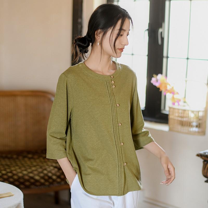 Johnature Women Knitted T-Shirts Solid Color O-Neck Spring Seven Sleeve Button Fold Casual T-Shirts