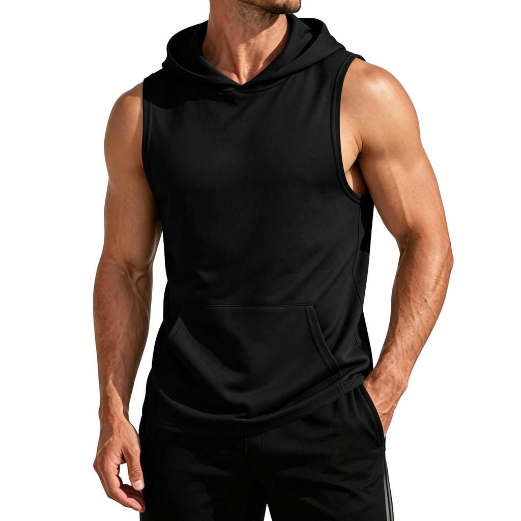 Men's Sleeveless Hoodie Lightweight Quick Dry Sports Vest with Front Pocket for Outdoor Running Gym Training