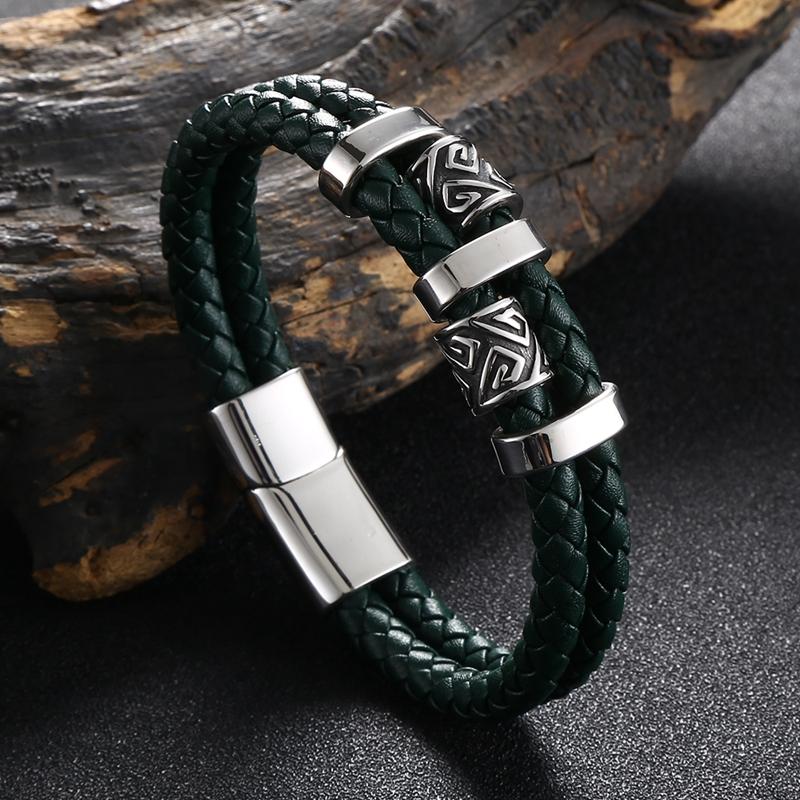 Viking Norse Runes Amulet Double-Layer Stainless Steel Men's Leather Bracelet Norse Mythology Jewelry