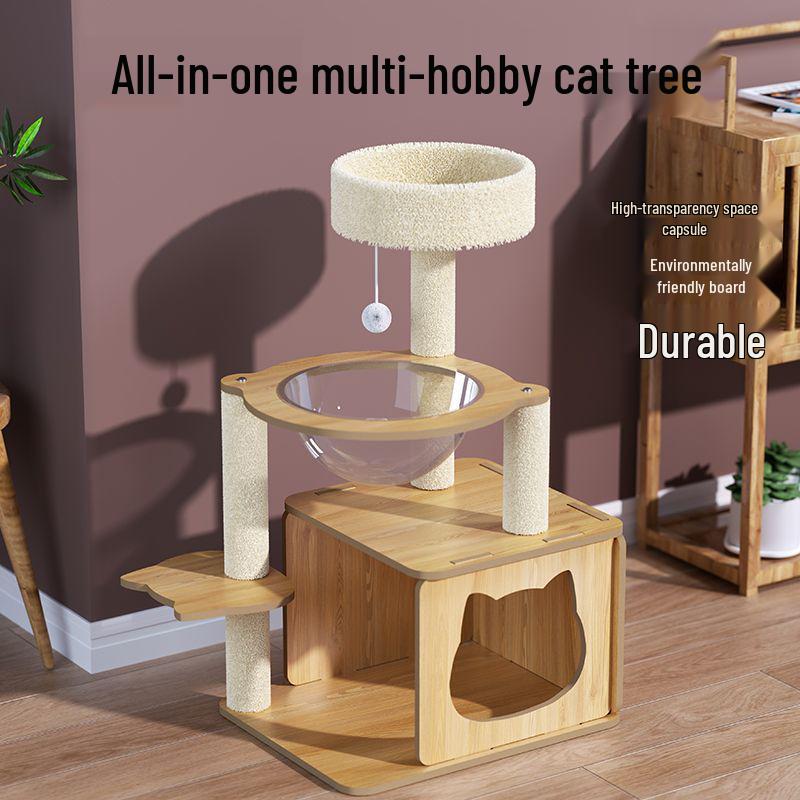 Space-Saving Cat Climbing Frame & Bed Villa with Toy Capsule, Floor-to-Ceiling Post, and All-Season Platform.