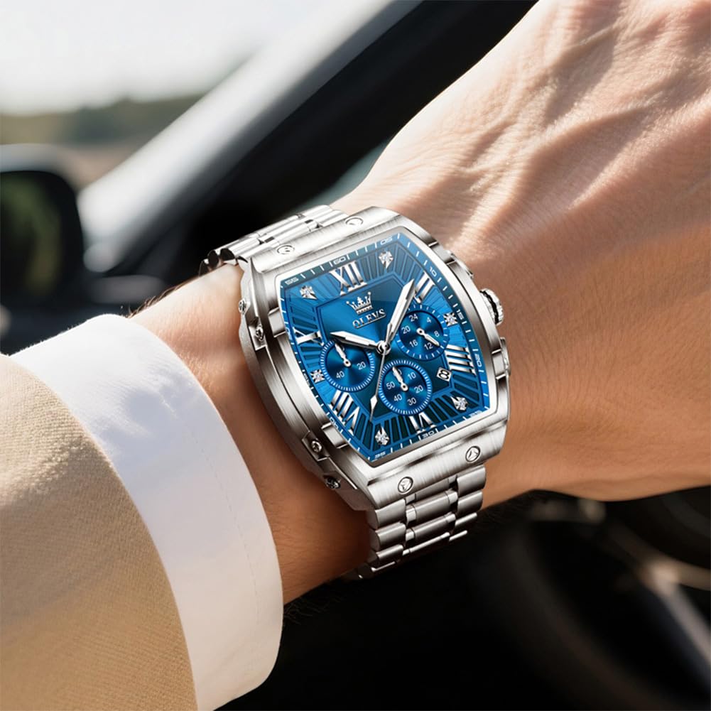 analog watch with a stylish stainless steel perfect for work or casual Features a luminous chronograph date and a blue Men's popular, formal,