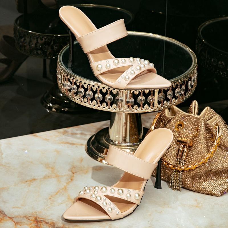 Elegant String Bead Decoration High Heeled Slippers Women Fashion Pointed Toe Thin Heel Slide Sandals Sexy Open Toe Dress Shoes