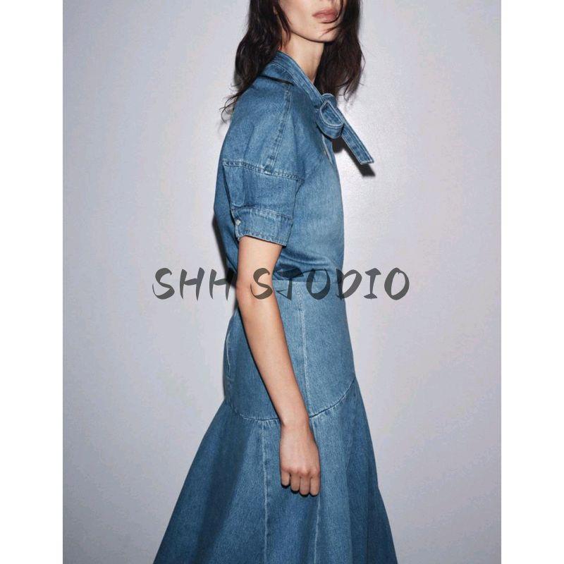 Autumn New Bowknot Decoration Demin shirt 5216249 Mid-Waist Denim A Word Midi Dress 9863240