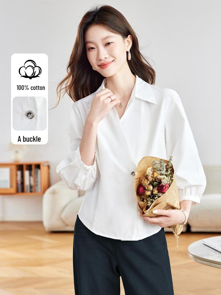 Damen Weißes Langarm-T-Shirt aus reiner Baumwolle mit V-Ausschnitt, Herbst 2025 Französischer Stil