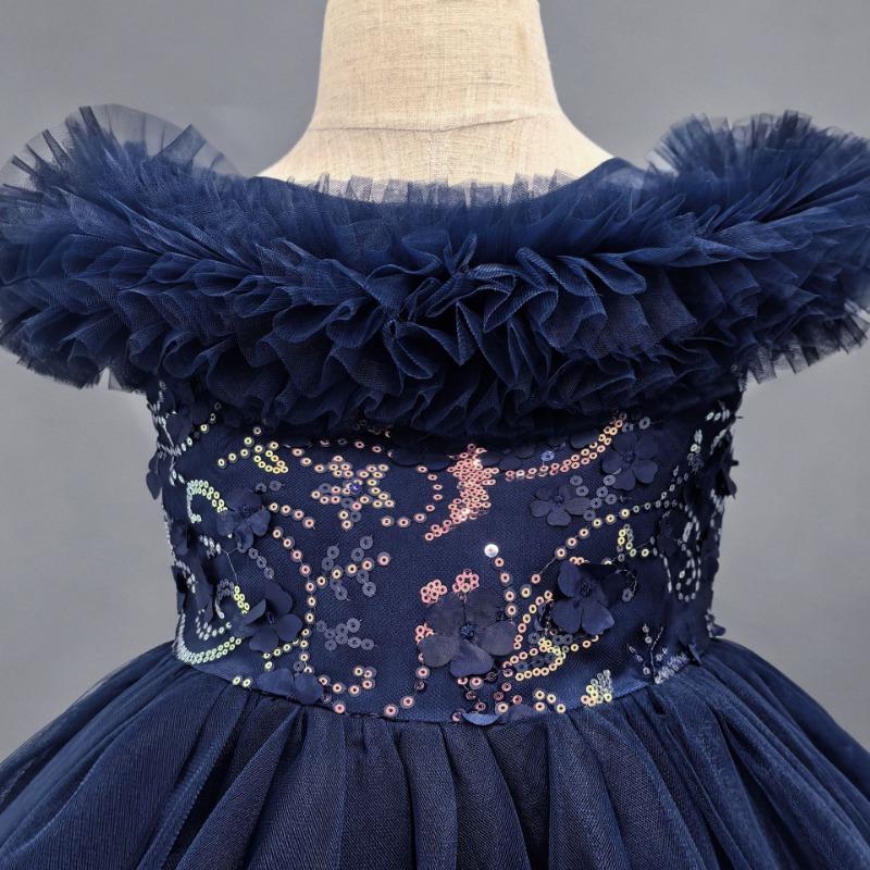 Girls Navy Blue Tulle Princess Ball Gown Flower Girl Dress