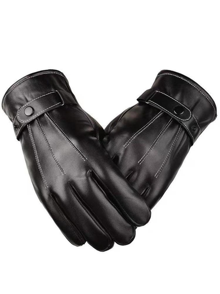 Waterproof PU Leather Winter Gloves for Men Outdoor Cycling Black Inner Layer of Thin Fleece Keep Warm Driving Motorcycle Gloves