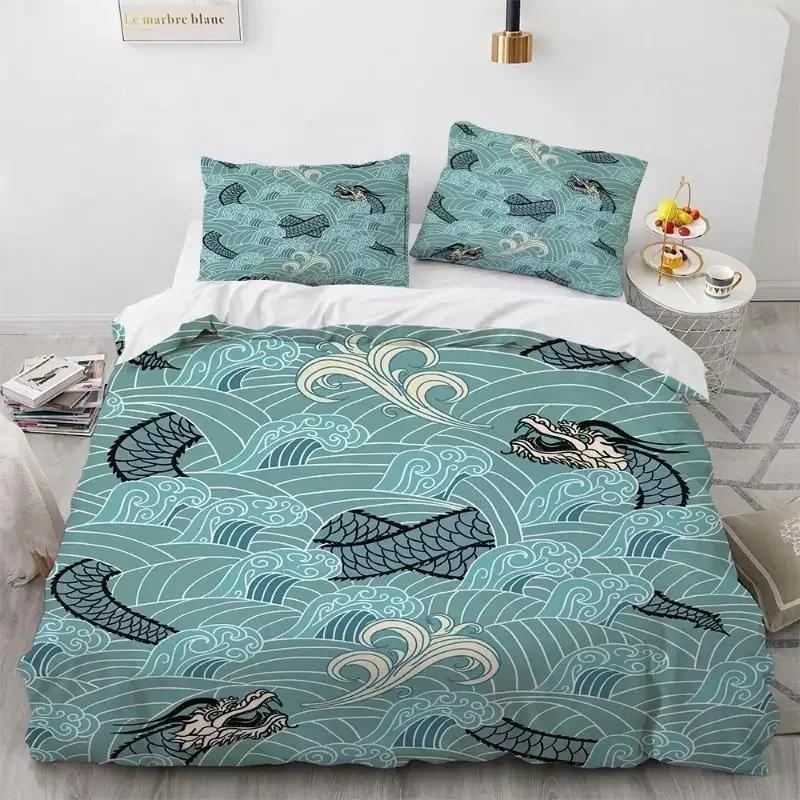 Wave Duvet Cover Set Hokusai Pattern Japanese Ukiyoe Quilt Cover Oriental Sketch Style Ocean Queen Twin Polyester Bedding Set
