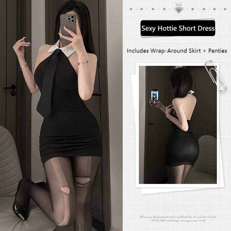 Erotic New French Style Sexy Lapel Backless Secretary Uniform Women Pure Desire Cinching Waist Slim Wrap Hip Short Dress