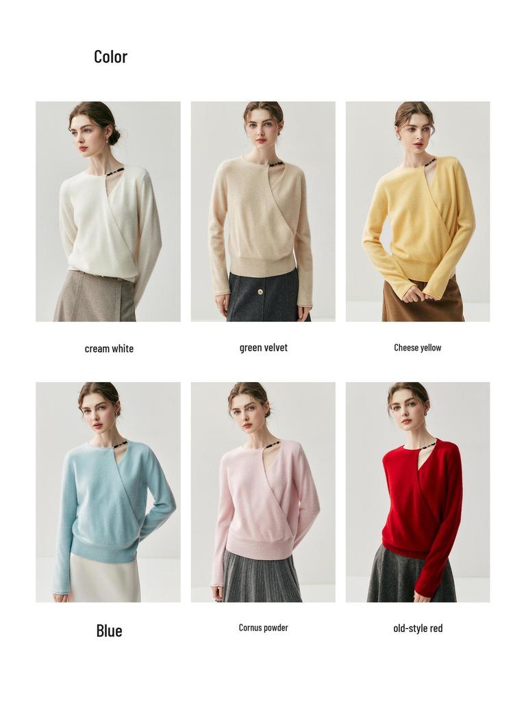 Women's French Design Cashmere Crossover Collar Sweater - Skin-Friendly, Loose Knitwear for Autumn and Winter.