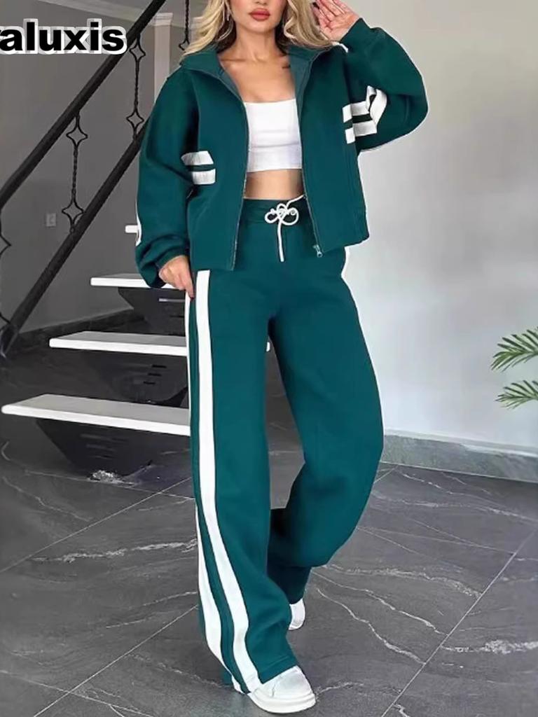 Autumn  Striped Zipper Jacket Casual Sports Set Women