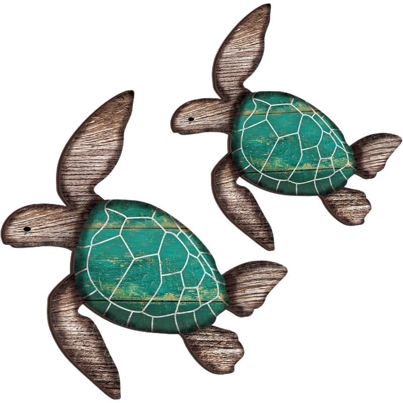2pcs/set Wooden Turtle Wall Hanging Painting Farmhouse Turtle Hanging Decoration Beach Theme Decoration