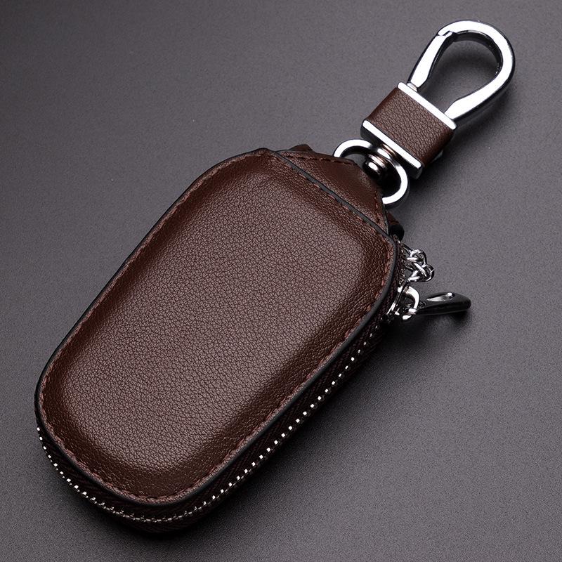 Men's Universal Cowhide Leather Car Key Case with Car Logo and Waist-Hanging Zipper