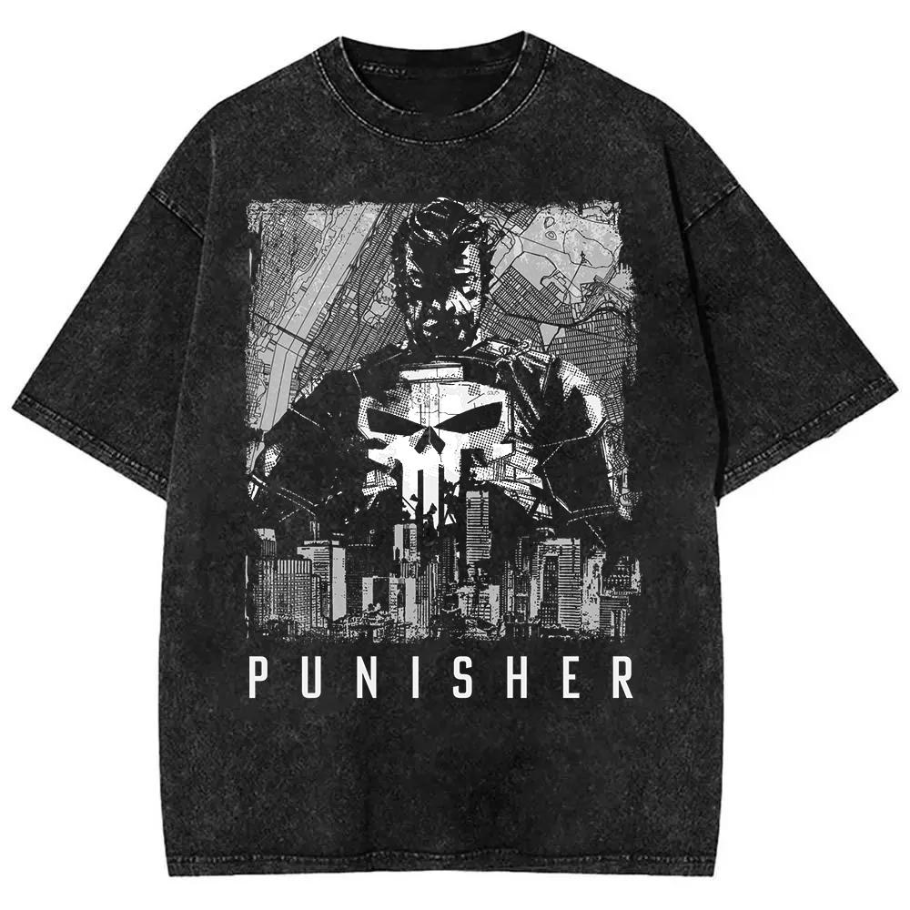 Retro Punisher New York Skyline Forged Oversize Graphic Washed Tee Fitness Print Tops Workout Shirt Streetwear Harajuku Top M