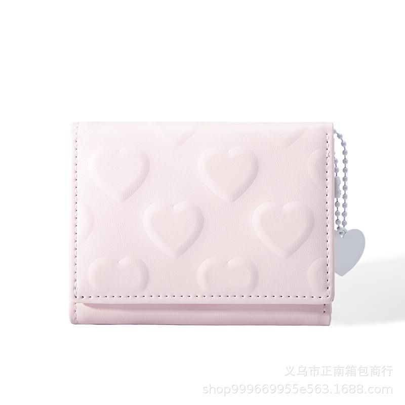 2024 Women'S Money Clip Solid Color Love Imprinted PU Leather Short Coin Wallet Three Fold Multi-Card Slot Card Bag Credit Card