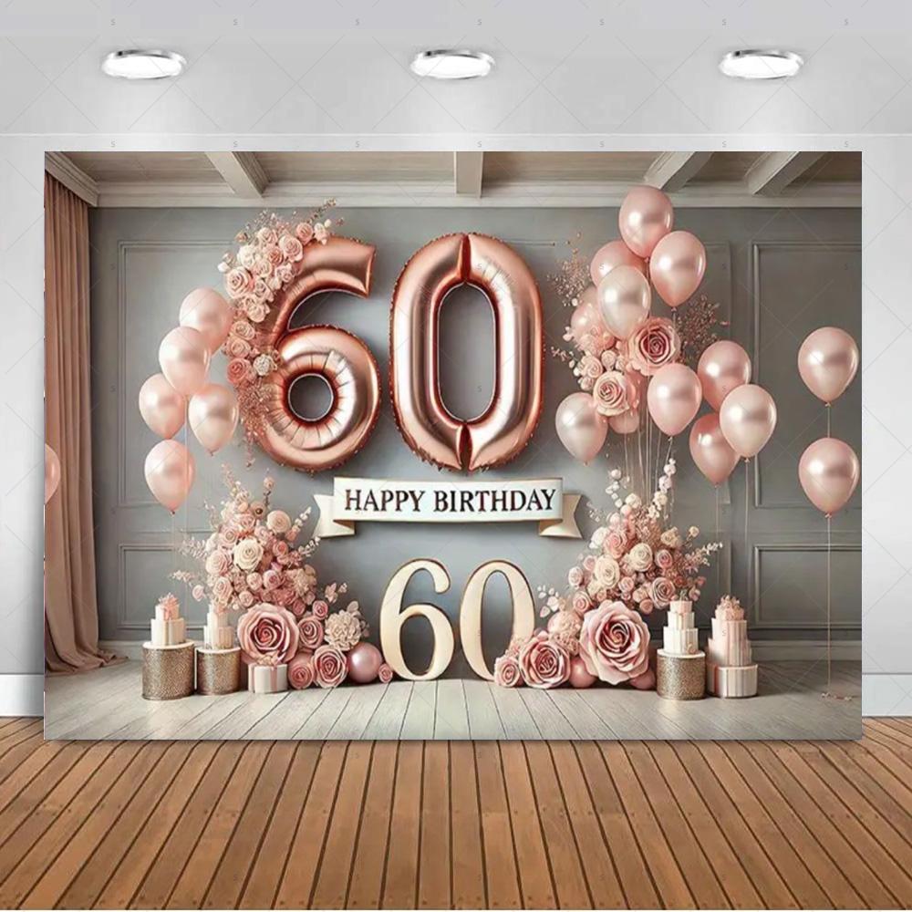 60 Years Old Backdrop Supplies Gold Pink Balloons Glitter Background Banner 60th Birthday Party Decorations Photography Props