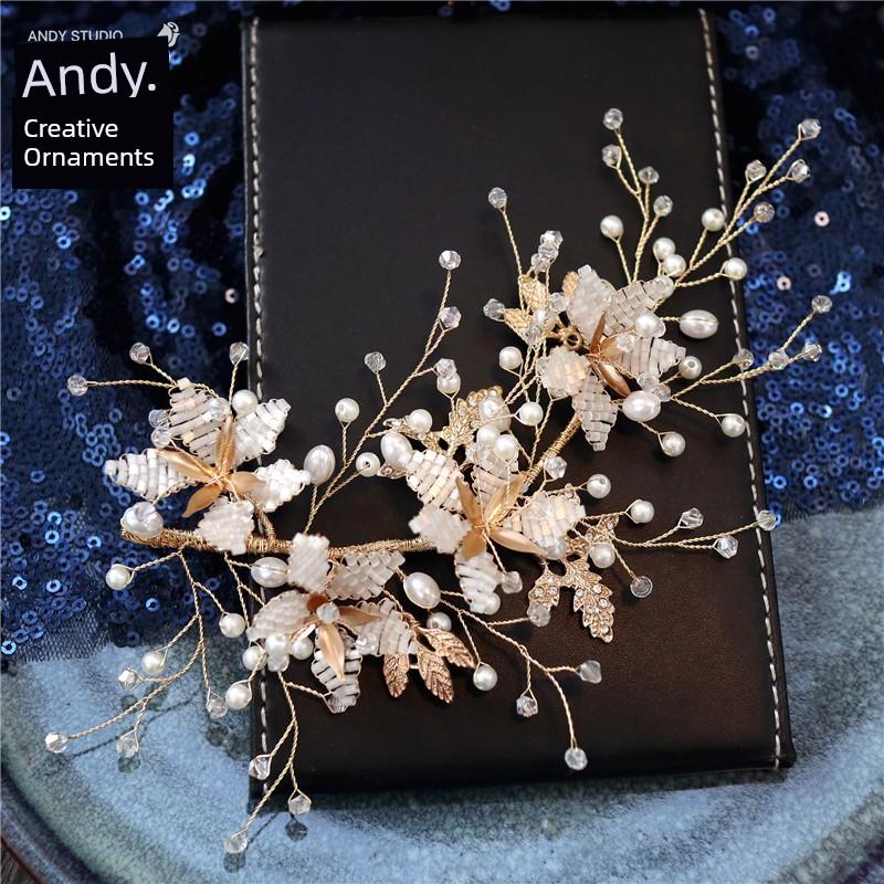 

Fashion Barrettes Golden Leaves Bridal Handmade Beaded Beaded Flower Edge Clip (Gift Box)