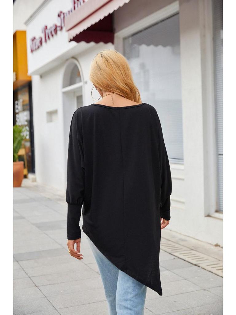 T-shirt jesienno-zimowy z długim rękawem, nieregularny, w dużych rozmiarach - Casualowy, luźny krój