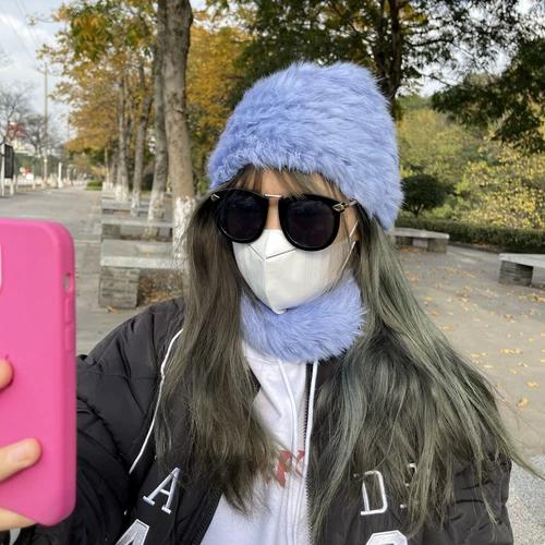 Rabbit Fur Hat Female Chuanxi White Fur Hat Fur Cold and Warm Plush Knitted Hat Cute Headgear Autumn and Winter