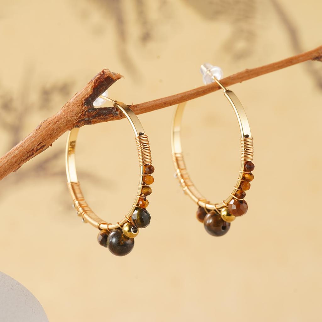 Autumn and winter geometric Maillard natural tiger's eye stone temperament beaded earrings retro style earrings high-end stud earrings