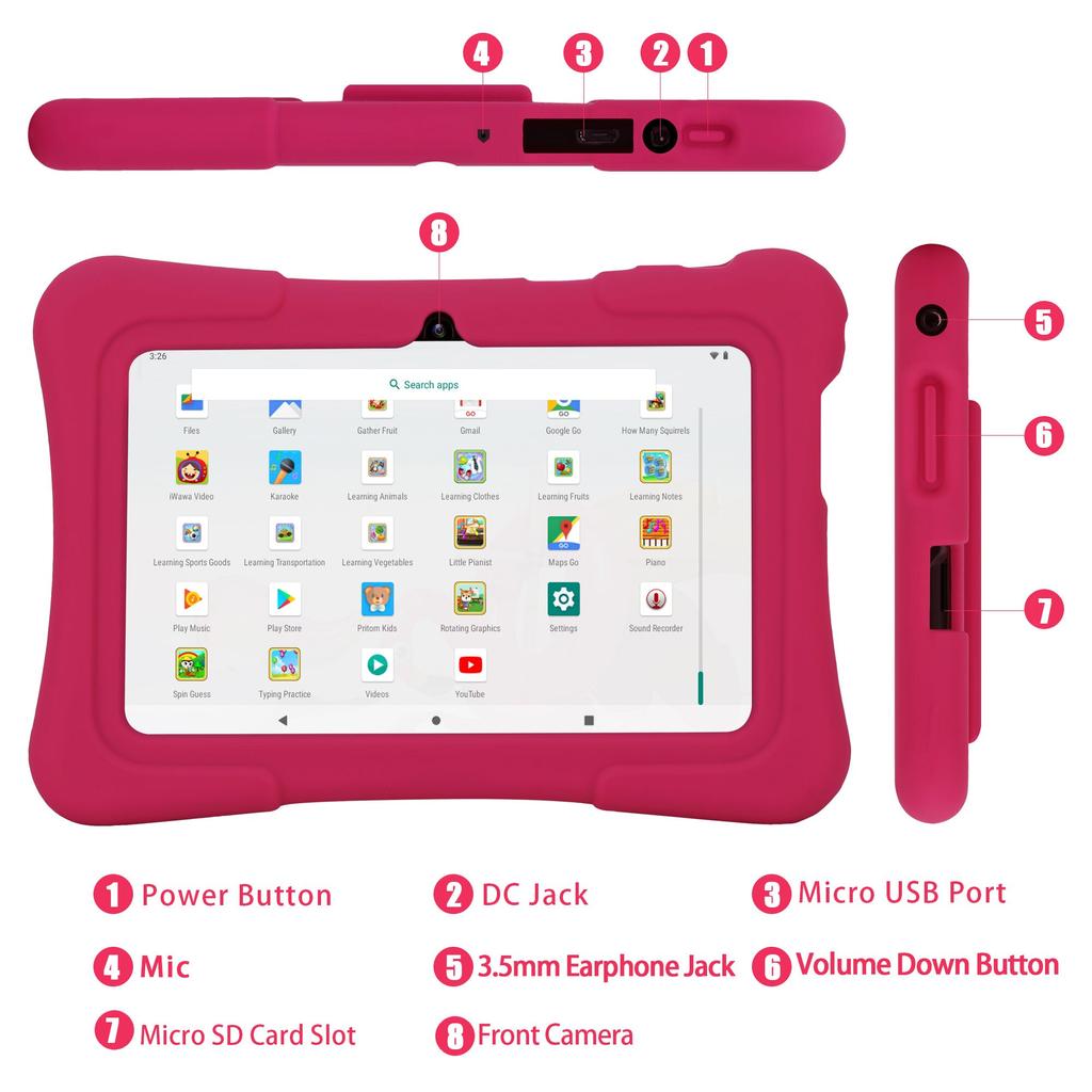 PRITOM 7 Zoll Kinder-Tablet Quad Core Android 10 32 GB WiFi Bluetooth Lernsoftware installiert