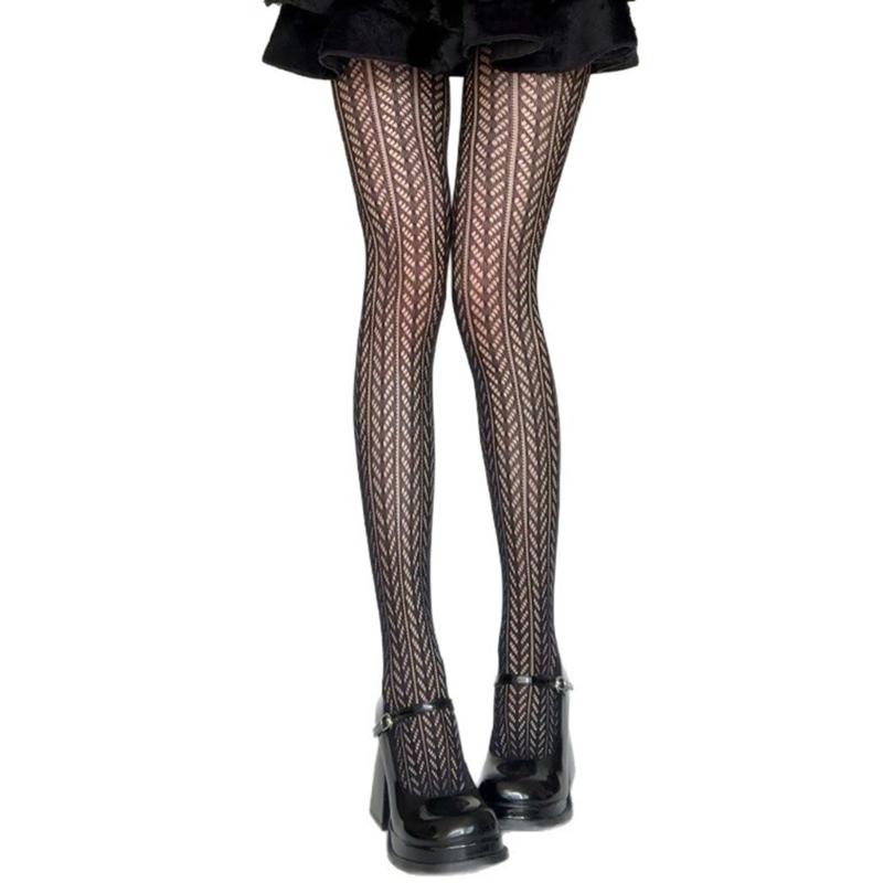 Women's Breathable Stretchy Pantyhose With Wheat Striped Pattern Hollowout Sheer Mesh Tights For Office And Casual Wear