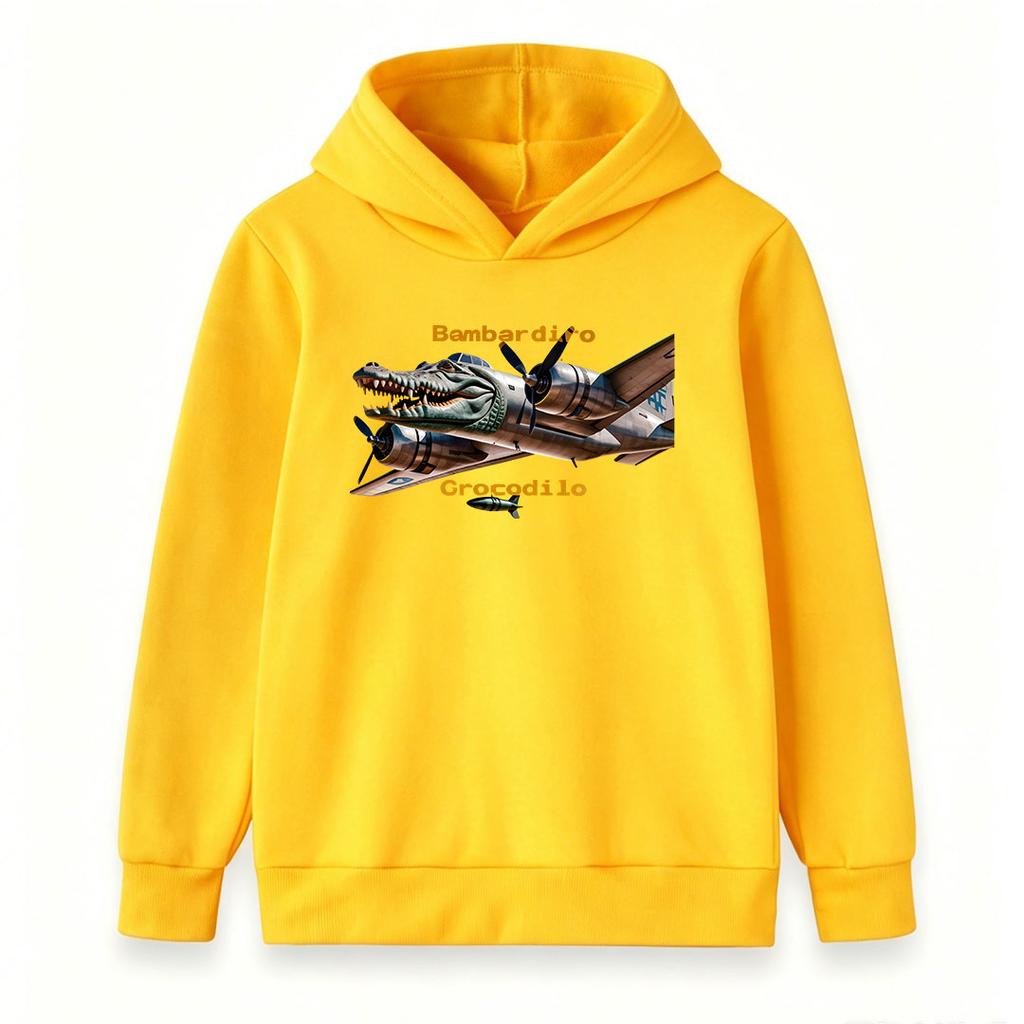 Kids Boys Girls Hoodie Sweatshirt, Funny Crocodile Head Bombard Aircraft Graphic Pullover, Casual Soft Long Sleeve Hooded Top for Kids Daily Play Wear