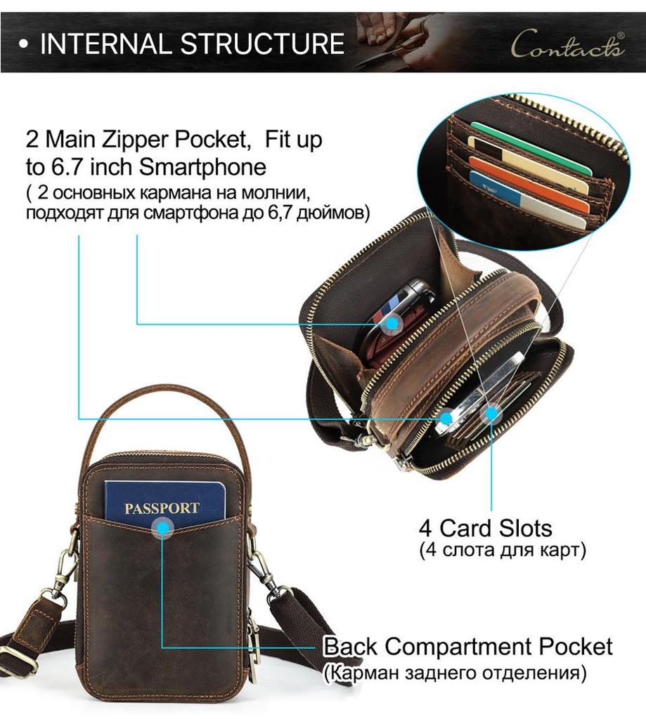 Retro Crazy Horse Leather Crossbody Phone Bag - Compact Outdoor Travel Storage