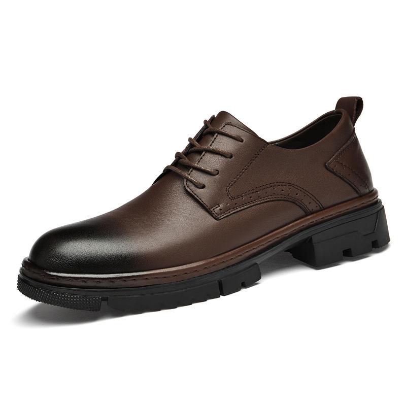 Men's British Style Round Toe Oxford Leather Shoes - Comfortable, Lace-up, Versatile, Thick Sole, Genuine Cowhide.