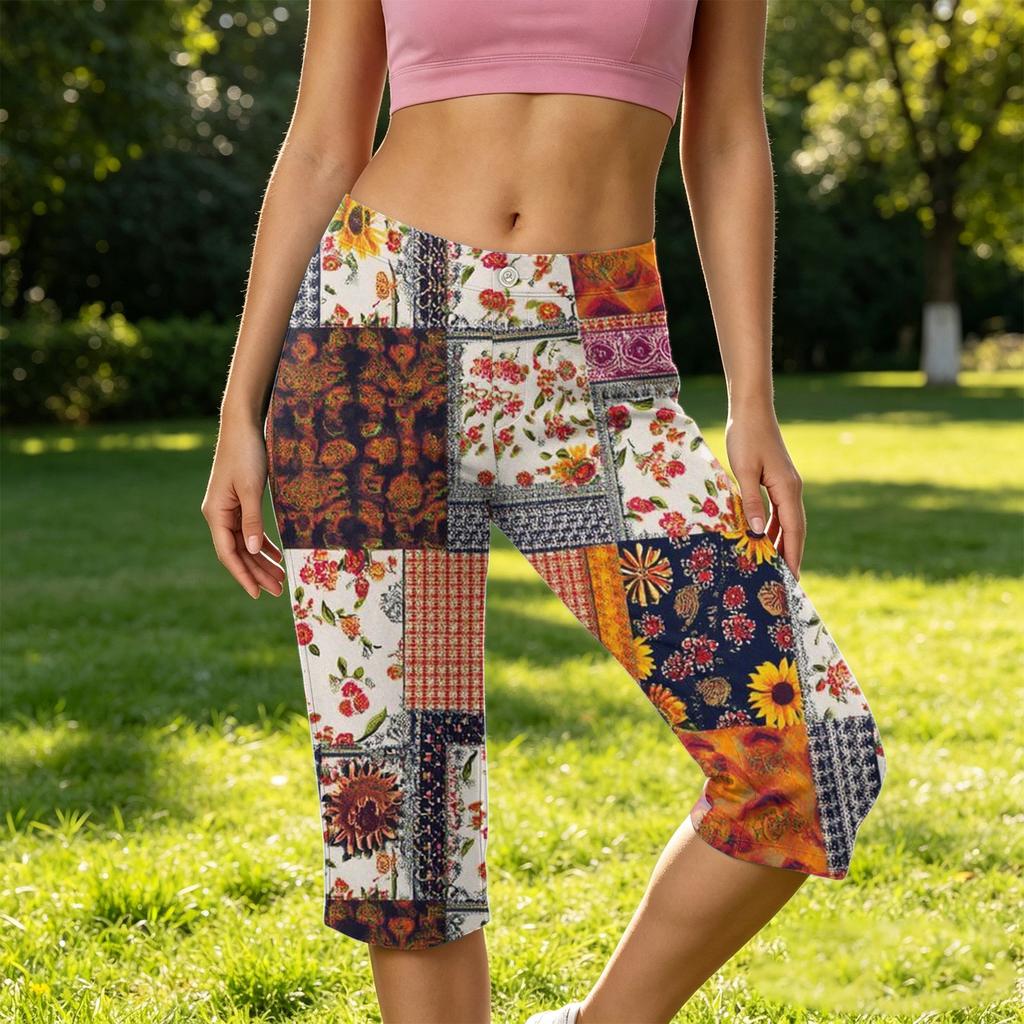 Women High Waist Printed Patchwork Yoga Capris with Button and Pockets for Athletic Comfort Fit