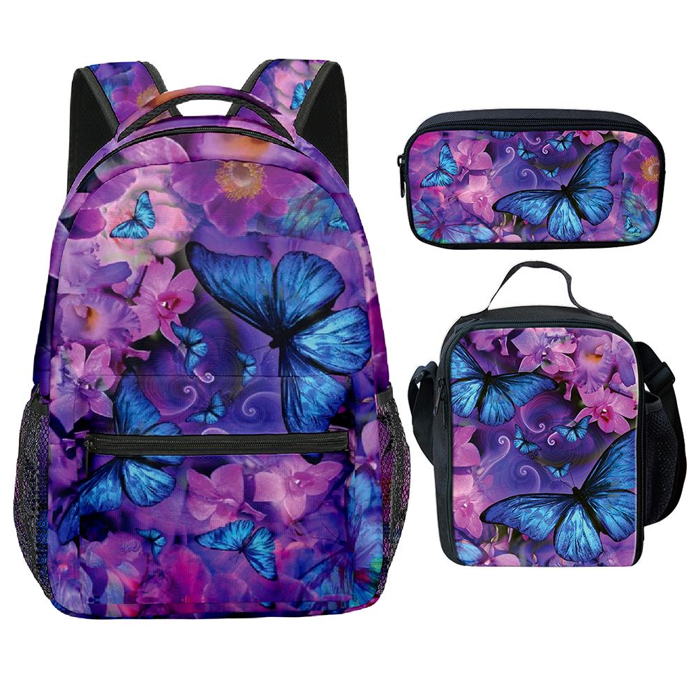 Klassiek Nieuwigheid Cool Mooi vlinder 3D Print 3 stuks/Set Student Schooltassen Laptop Rugzak Crossbody Lunchtas Etui