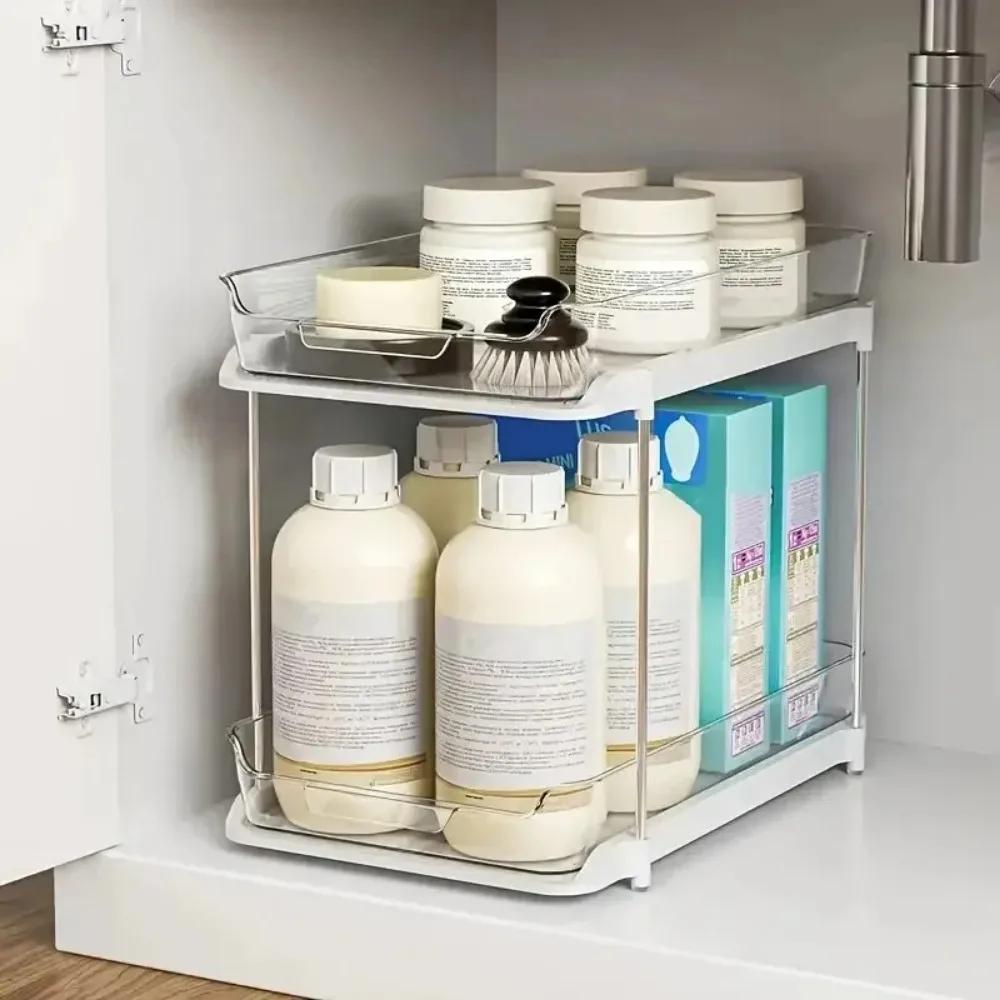 A 2-Tier Multi-Purpose Bathroom Cabinet Organizer, Pull Out Under Sink Storage Shelf Pantry Organization Kitchen Storage Shelf Set