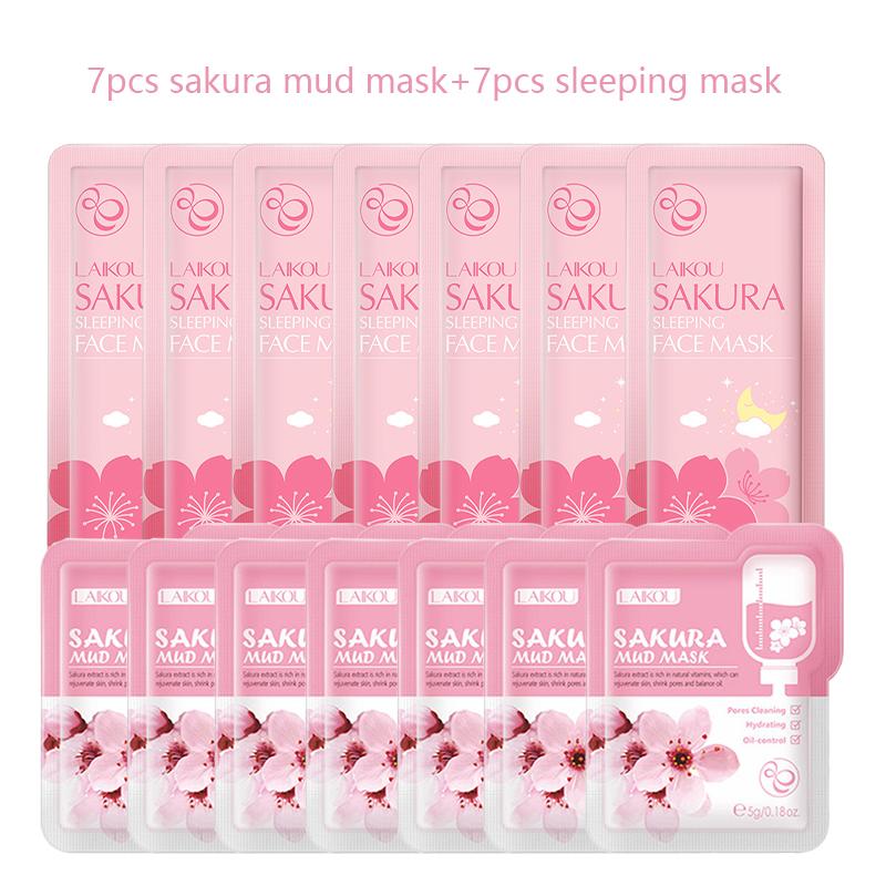 14pc Sakura Mud Face Mask + Sleeping Masks Anti Wrinkle Night Facial Packs Skin Clean Dark Circle Moisturize Anti-Aging Skincare